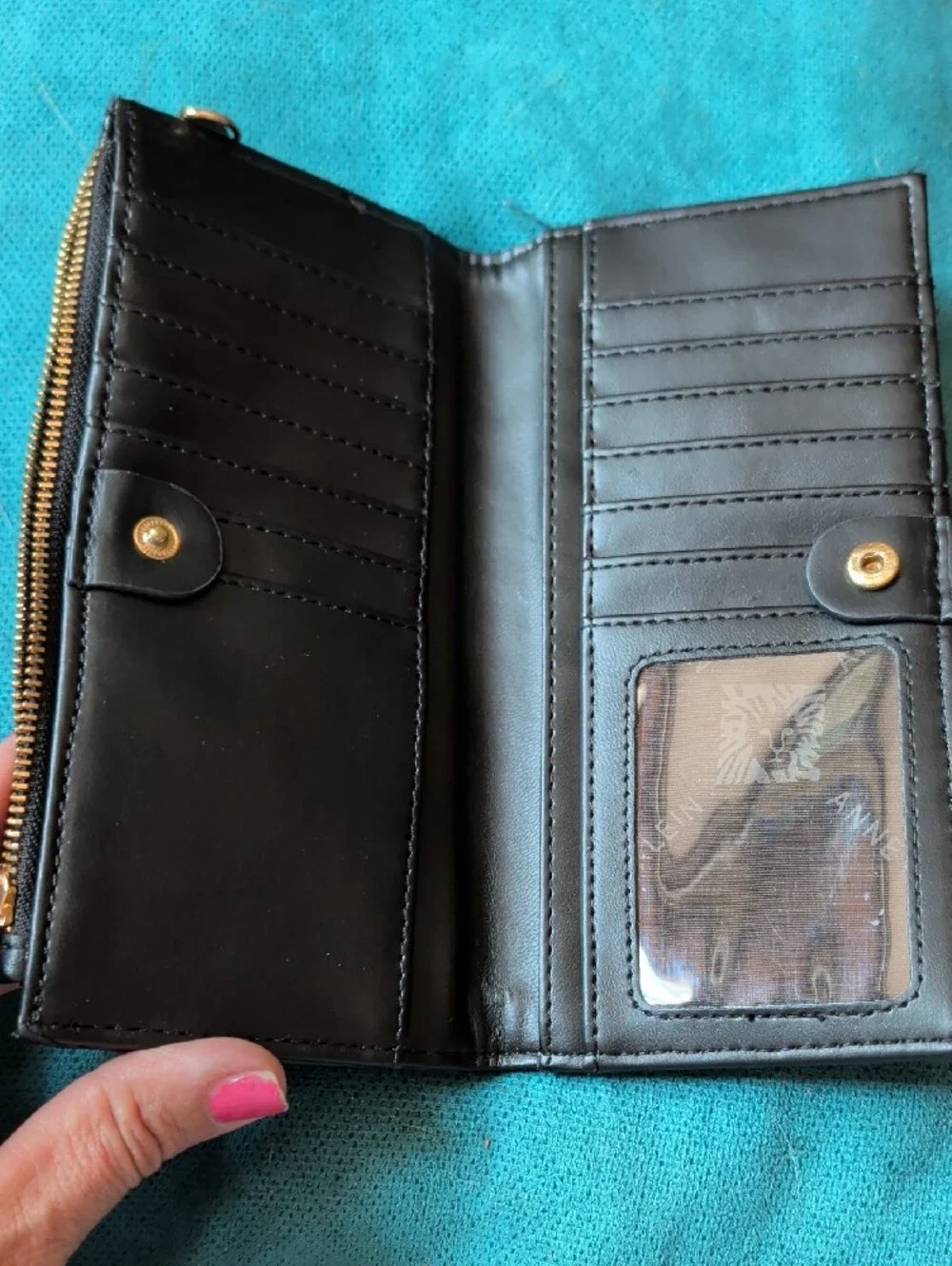 Anne Klein Black Quilted Zip Wallet with Gold AK Emblem